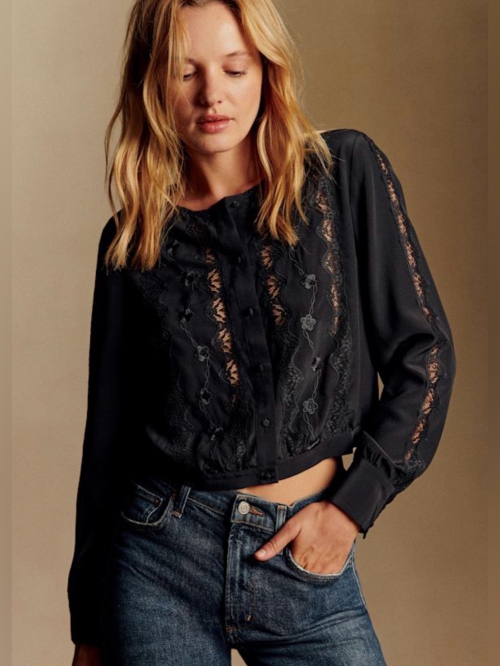Sezane Coralia Shirt Black 100% Silk Lace Embroidered Blouse FR 40 US 8